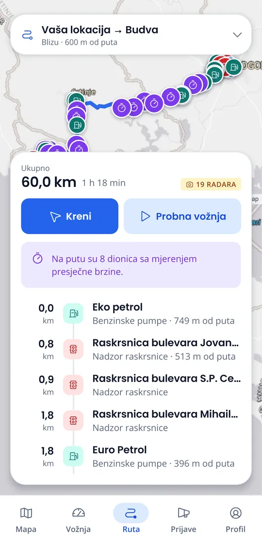 Plan puta od Podgorice do Budve: 60 km, 19 radara i lista nadzora i pumpi uz put